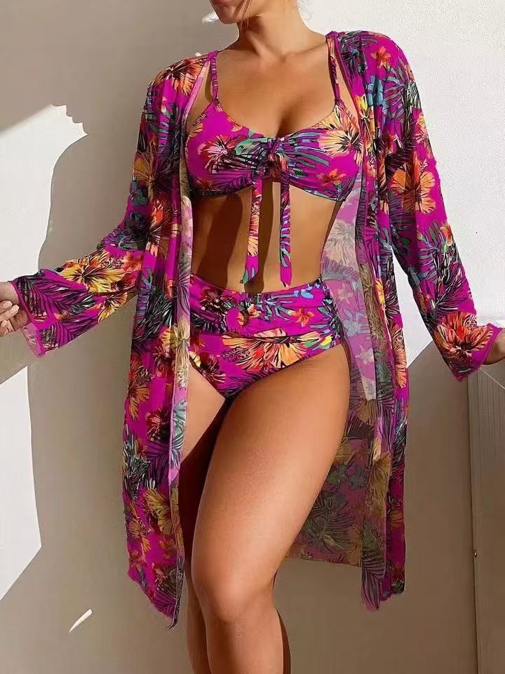 2025 Vacation Long length Chiffon Hoodie Split Sexy Women's Multi color Printed Bikini Swimsuit