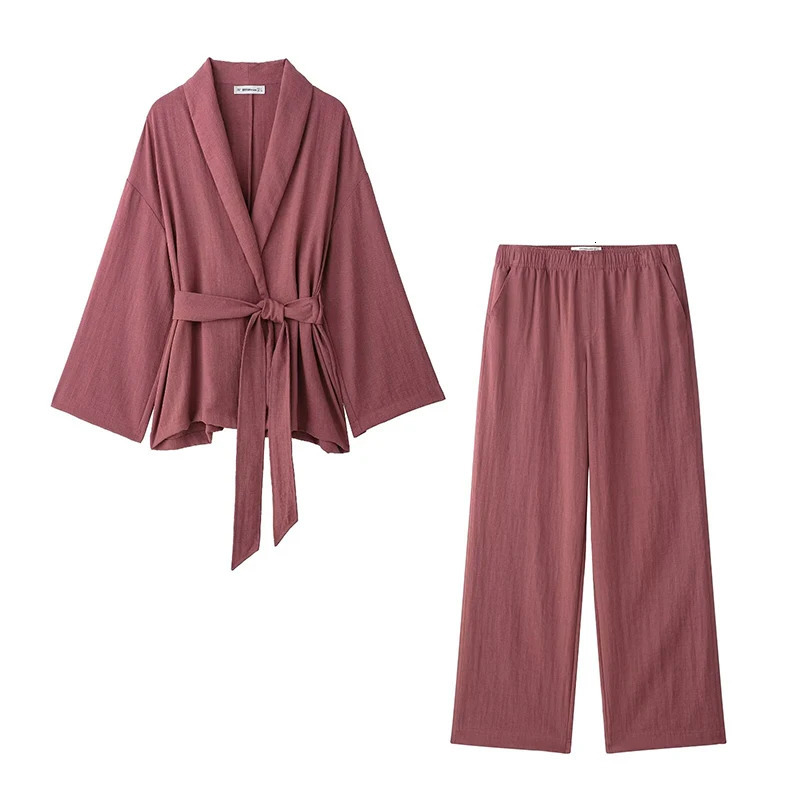 RAFZNB mid waist pants set womens 2piece loose fit with long sleeved kimono jacket for clothing 250403