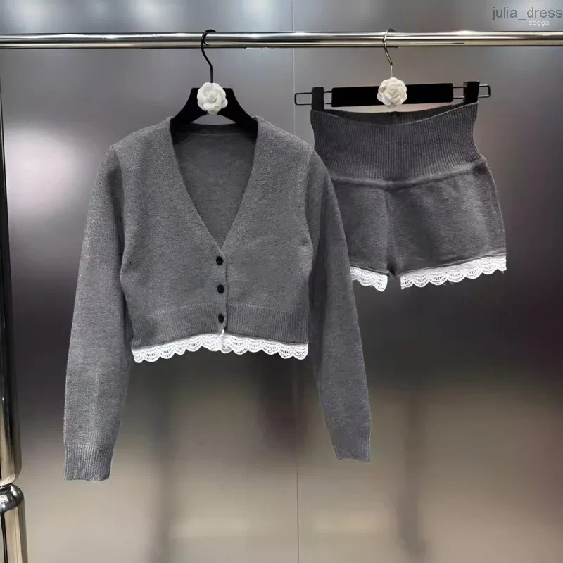 Womens Tracksuits 2024 Autumn Arrival Lace Petals Knitted Cardigans Short Coat High Waist Shorts Two Piece Set Outfits