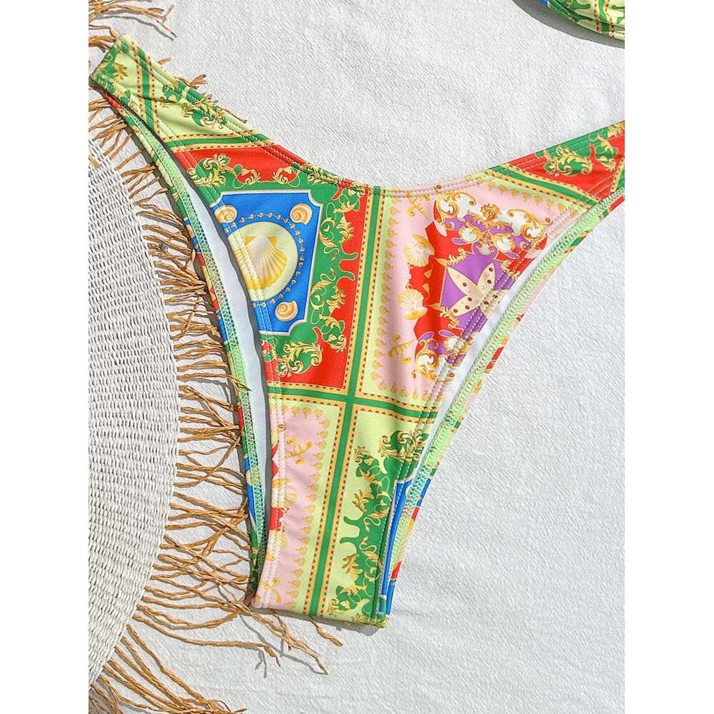 Vintage Green ral Print Bikini Set 2025 Sexy Metal Ring Push Up Micro Swimsuit Brazilian Bathing Suit Holiday Thong Swimwear