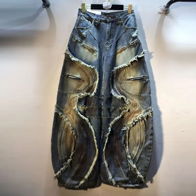 American Fashion High Waist Slim Stitching Raw Edge Patch Painted Machete Wideleg Jeans Women Y2K Harajuku Hip Hop Z260313