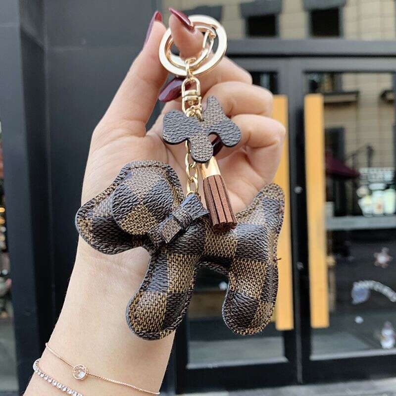 Leather Plush Dog Bowknot Coin Holder Keychain, Gender Neutral Animal Plush Keychain with Leather Strap and Metal Hardware, Bag Pendant Car Hanging Or - view 9