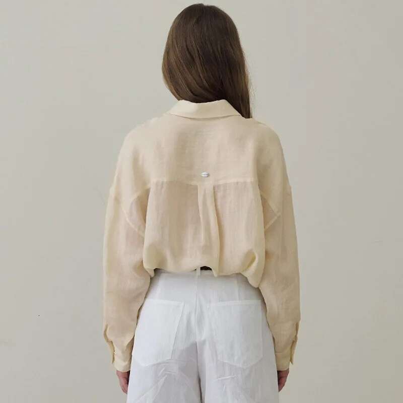 100% Ramie Thin Breathable Women Shirt Chic French Lapel Single-Breasted Cardigan Ladies Loose Simple Long-Sleeved Shirts