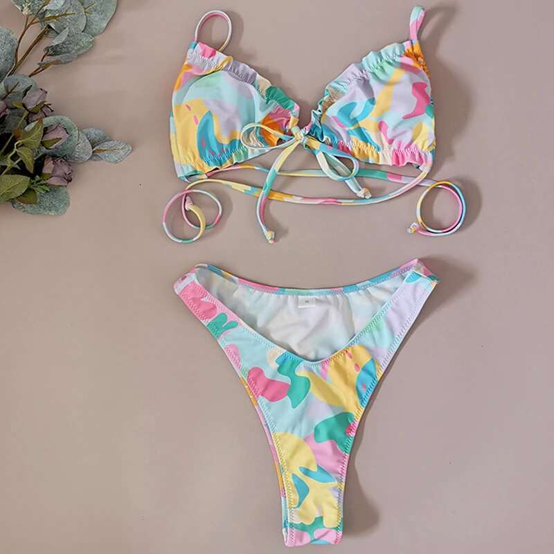 Sexy Ruffle 2-piece Swimsuit for Women,color Printing,mini Bikini,wrinkle,low Waist,V-neck,suspender,backless,lace-up,swimwear