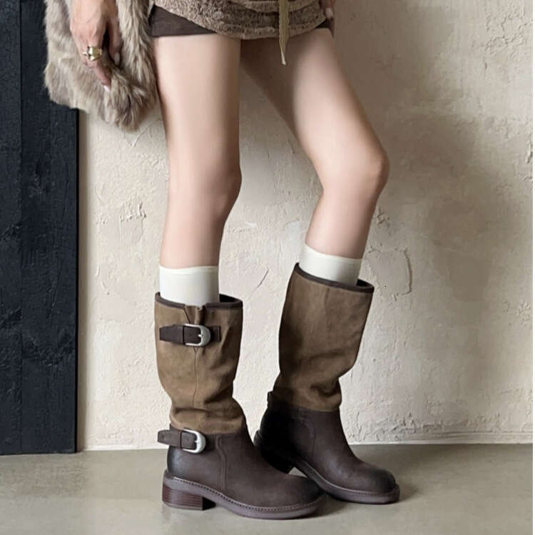 Brown Color Block Pleated Slouch for Women New Autumn Winter Long Tube Melad Designer Shoe High wide calf Boots botas para mujer