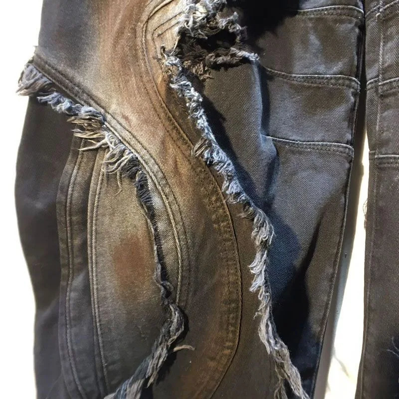 American Fashion High Waist Slim Stitching Raw Edge Patch Painted Machete Wideleg Jeans Women Y2K Harajuku Hip Hop Z260313