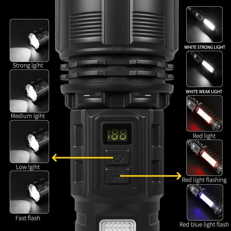 Ultra Bright LEDCOB Flashlights 3000mah USB Rechargeable Camping Lamp Self Denfense Tactical Torch Zoomable Outdoor with 9ModeW251106