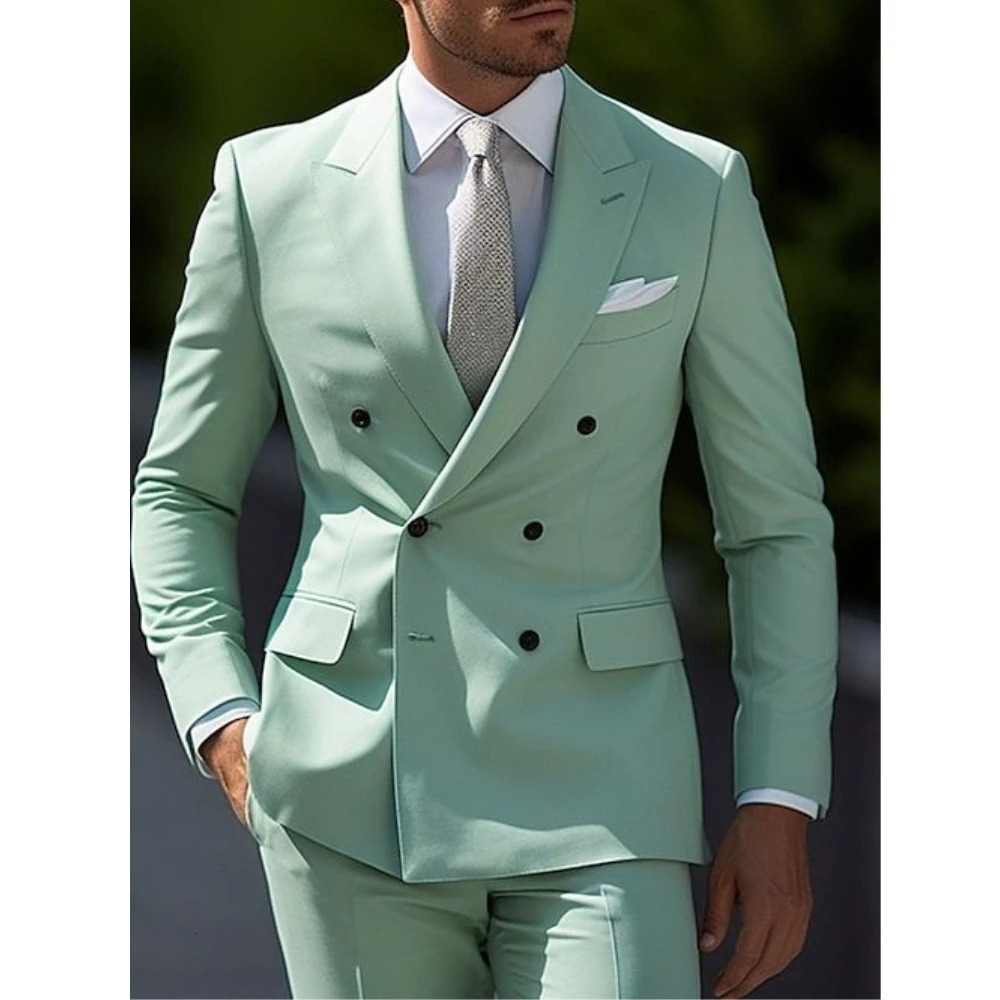 Sage Green Mens Wedding Dress Solid Color 2-piece Japanese Plus Size Double Chest Six Button Formal Business Set 250402
