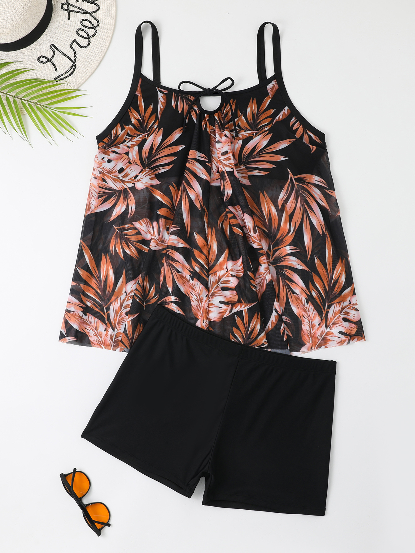 Fat and oversized skirt style split body bikini multi-color printed conservative boxer shorts set women's swimsuit