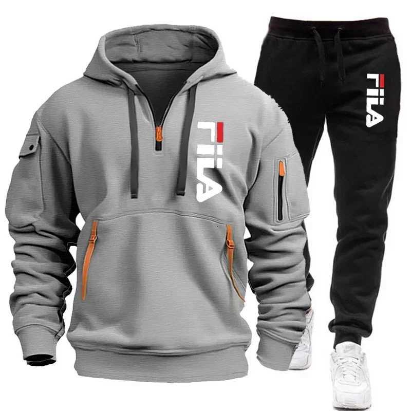 Two sets of 2025 new fashionable mens sportswear a zippered hooded sweatshirt and sweatpants for casual fitness and joggingXJ251106