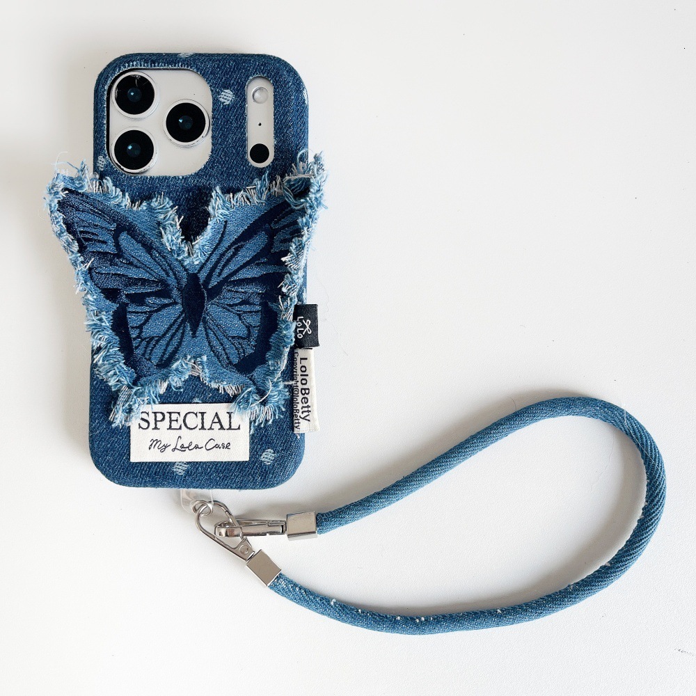 Denim Blue Butterfly Patch Phone Case Compatible with iPhone 17/16 Pro Solid Color Lanyard iPhone 15/14 Niche