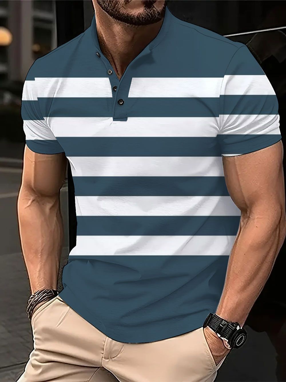 2024 Mens 3D Digital Printed Casual Buckle Short Sleeve T-shirt Polo Top