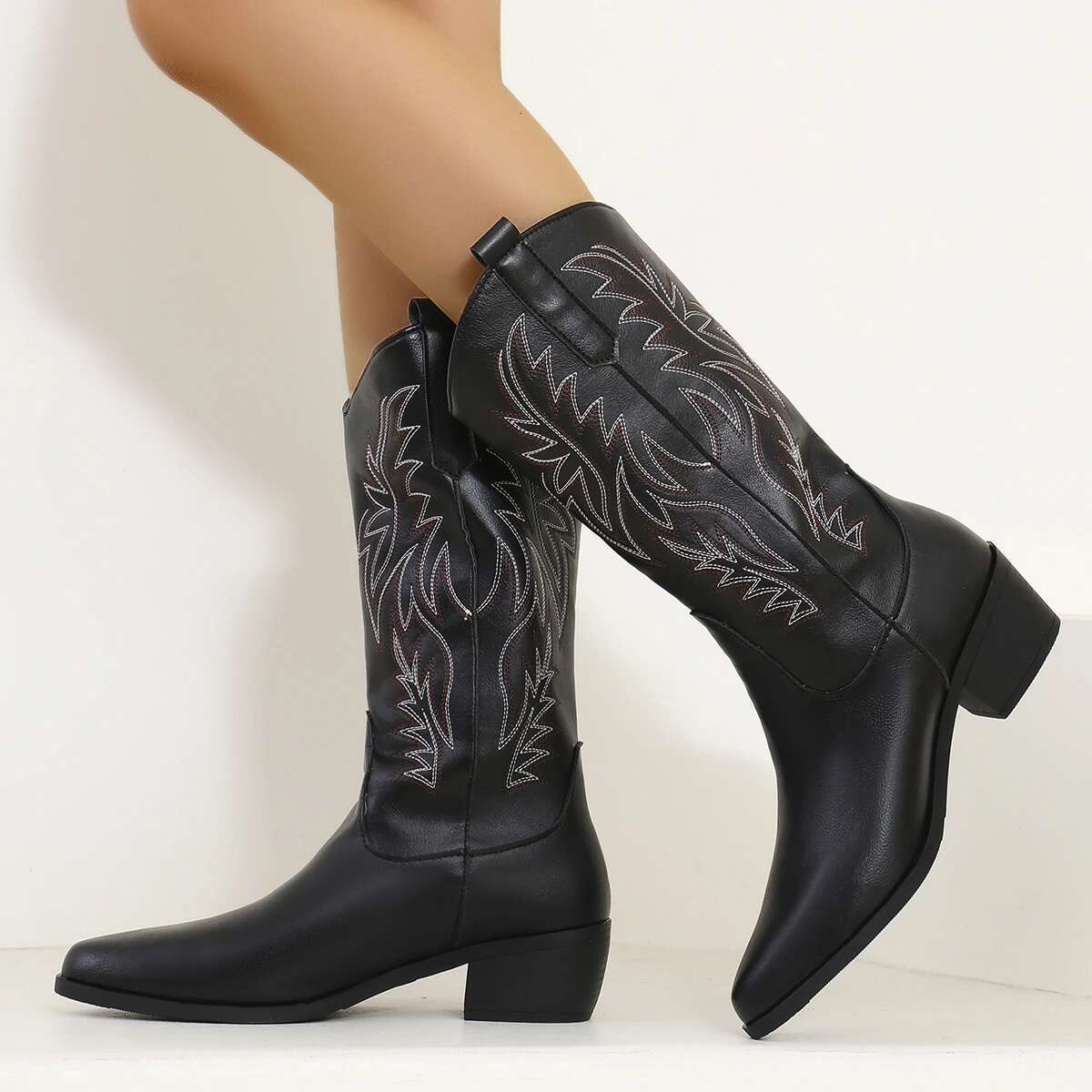 Plus Size 43 High Quality Block Heels Mid-Calf White Cowboy Women Vintage Country Concert Western Boots Shoes