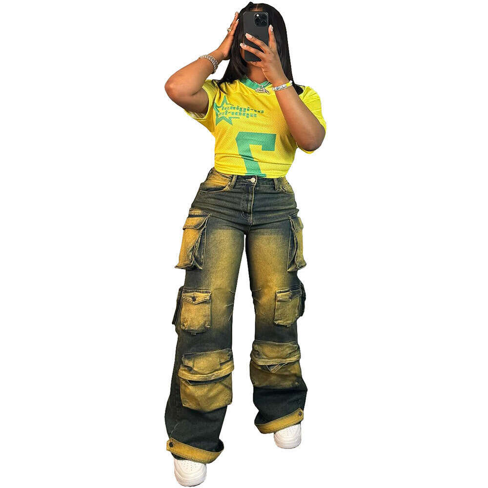 European and American Style Straight-Leg Jeans Amazon Cross-Border Women's Fashion Trendy Personality Multi-Pocket Tie-Dye High-Waist Cargo Pants