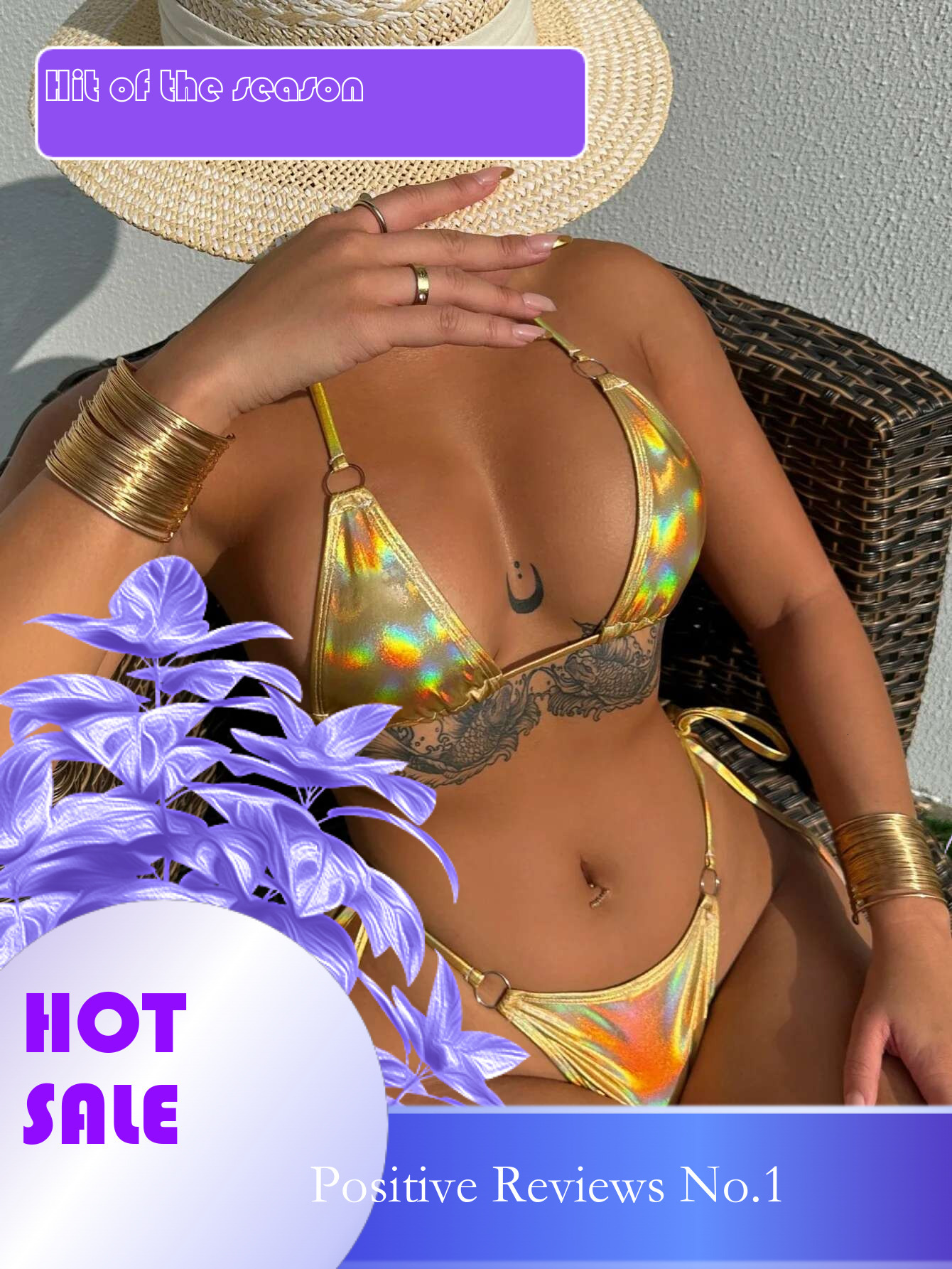 Dongdumaoyi Shiny Gold Bikini Mujer Women Sexy Halter Metal Ring Linked Push Up Triangle Swimsuit Brazilian Bathing Suit Micro Swimwear