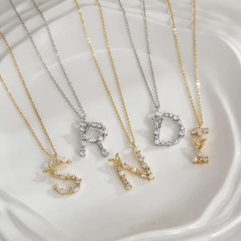 S Sterg Sier Choker Butterfly Paired With Pearls Letter Pendant Zircon Necklace Party Gift For Women Fine Jewelry