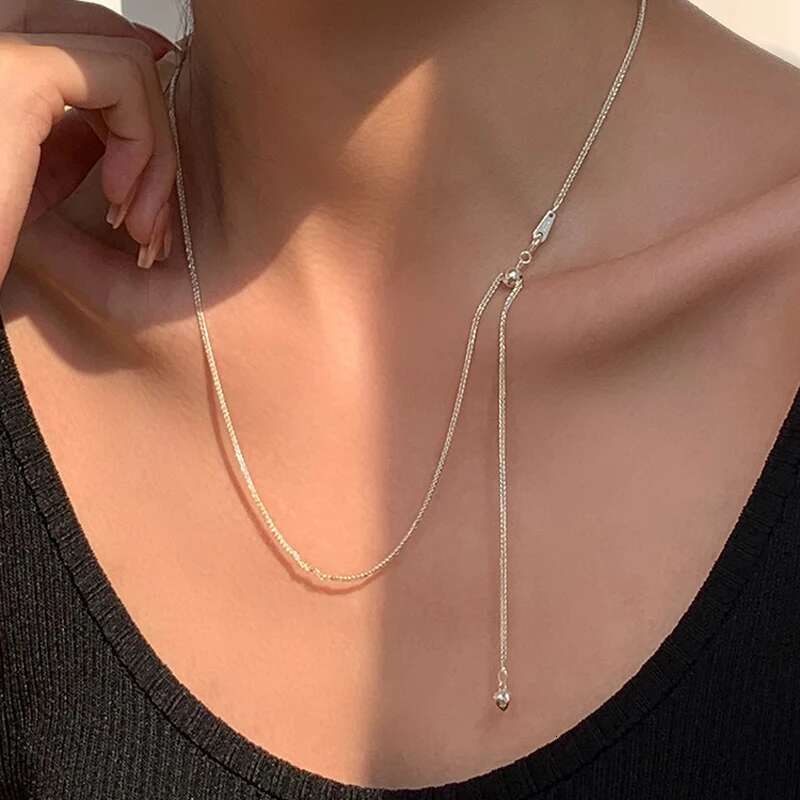 S Sterg Sier Adjustable Pull Type Snake Chain Choker Necklace Simple Heart-Shaped Pendant Women's Gift Boutique Jewelry