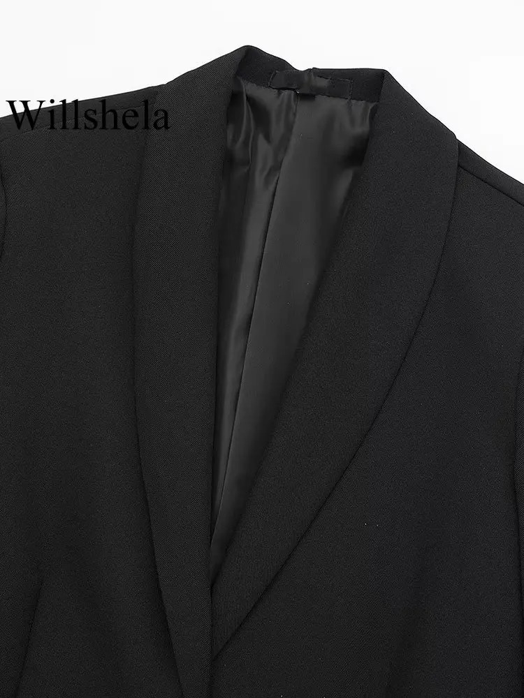 Willshela Womens Fashion Satin Black Feathered Jacket Retro Notched Collar Single Button Long Sleeve Womens Clothing 250402