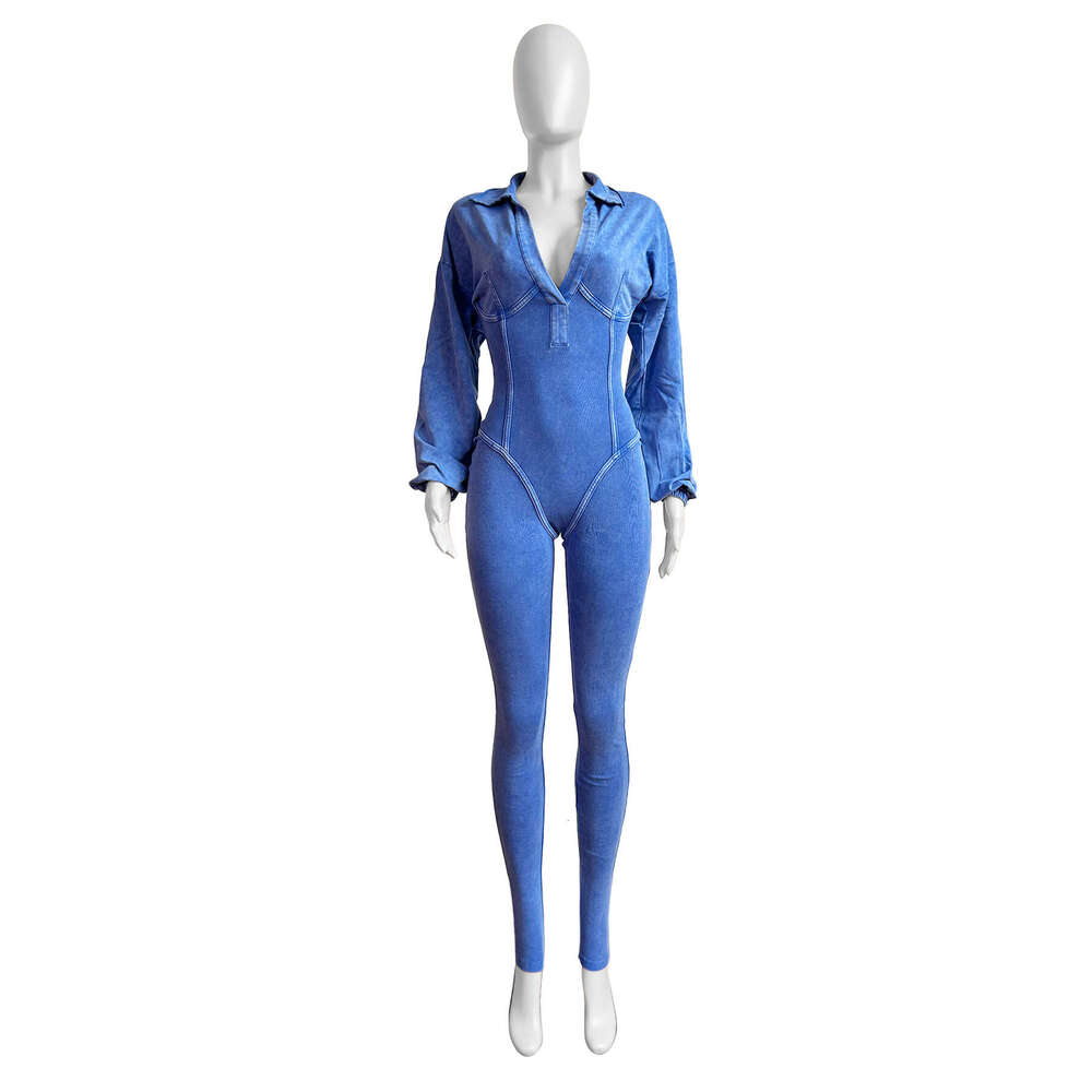 HR24102 European and American Fashion Women's Clothing Washed Vintage Sexy Deep V Tight Long Sleeve Autumn Winter Jumpsuit