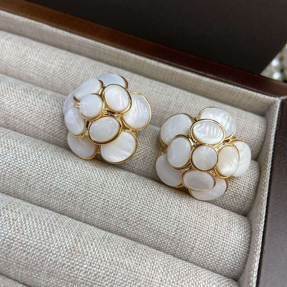 Vintage Real Gold Plated French Retro Natural Necklaces White Shell Camellia Pearl Necklace Earrings Ring Set