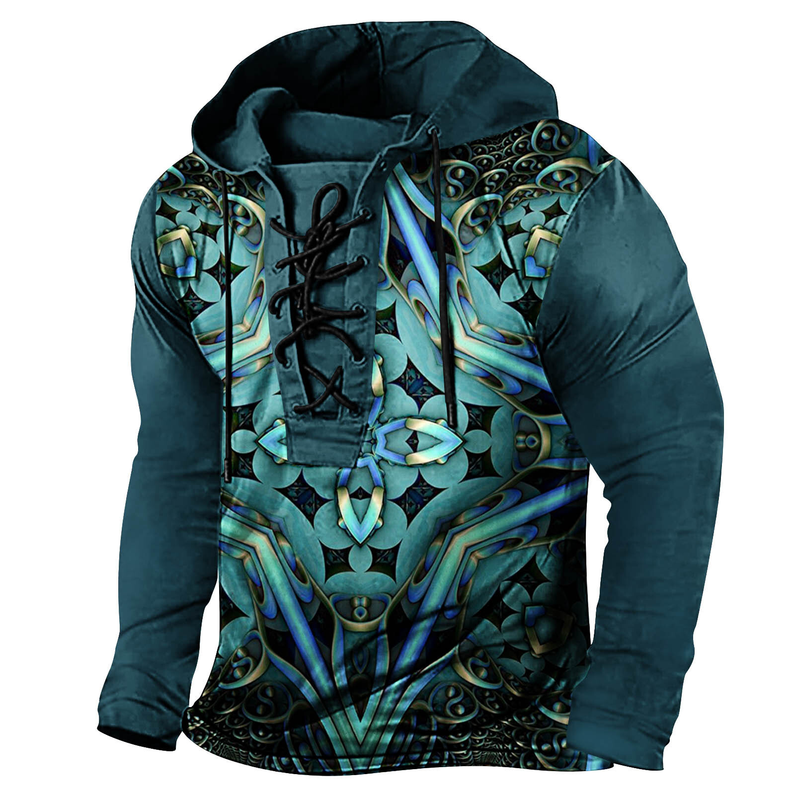 2024 New Spring Mens Digital Printed Tether Large Hooded Long Sleeve T-shirt