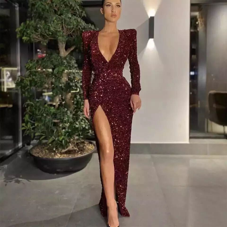 2025 Womens Sexy Deep V-long Sleeved Slim Sequined Dress with Slit Skirt Ins