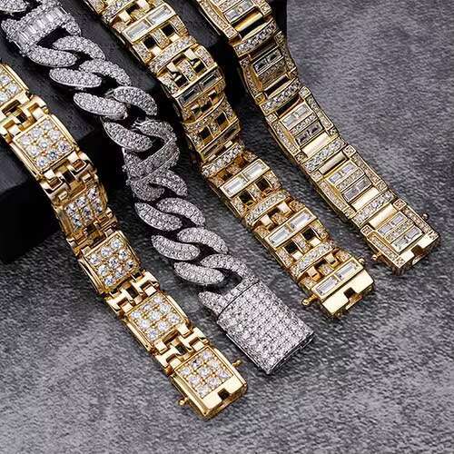 Hip Hop High Quality Pure Gold Plated Silver Iced Out Round Zircon Stone Baguette Prong Setting Cuban Link Chain Bracelet