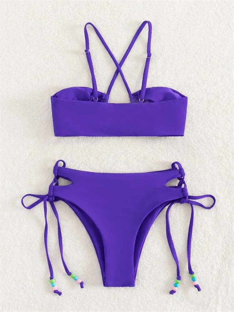 Dongdumaoyi Sexy High Waist Bikini Set Women Orange Purple Hollow Out Pearls Push Up Micro Swimsuit Beach Bathing Suit Lace Swimwear