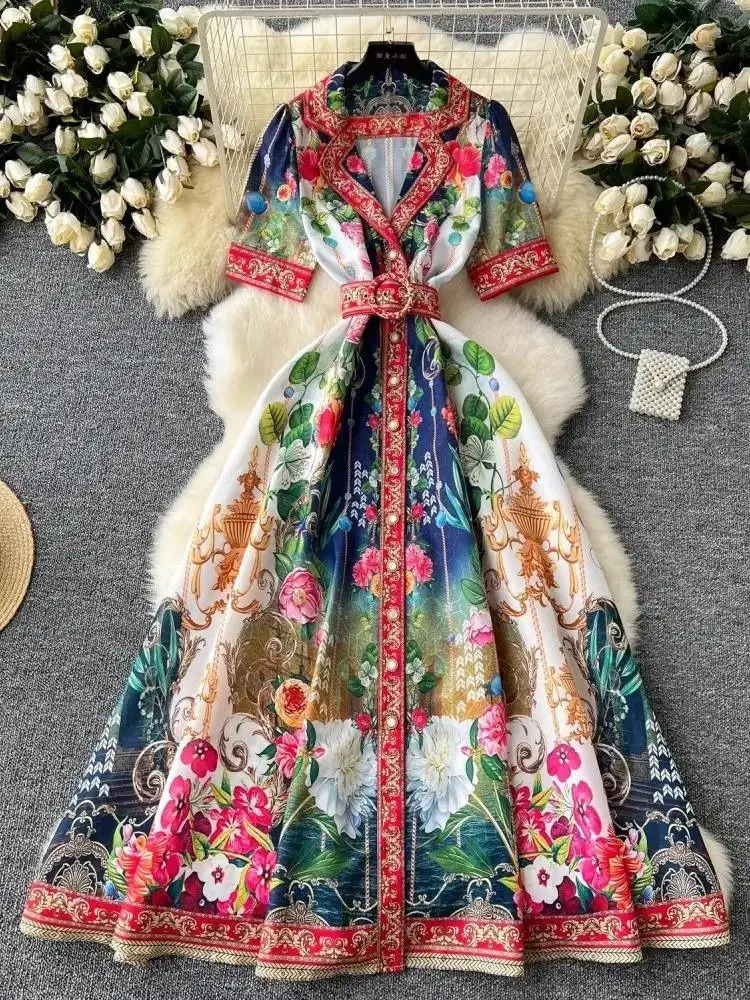 Summer Holiday Short Sleeve Notched Belt A-Line Dress Women Flower Boho Robe Beach Party Vestido Pearls Buttons Up Maxi Clothes 250407