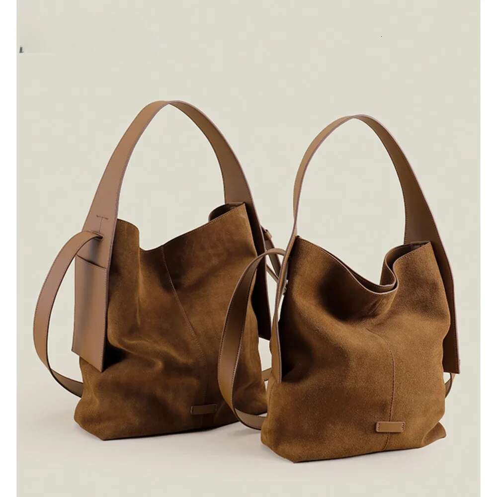 Ins Chic Slouchy Style Soft Touch Bucket Tote Big Genuine Suede Leather Women Shoulder Bag Matte Nubuck Office Ladies Handbag