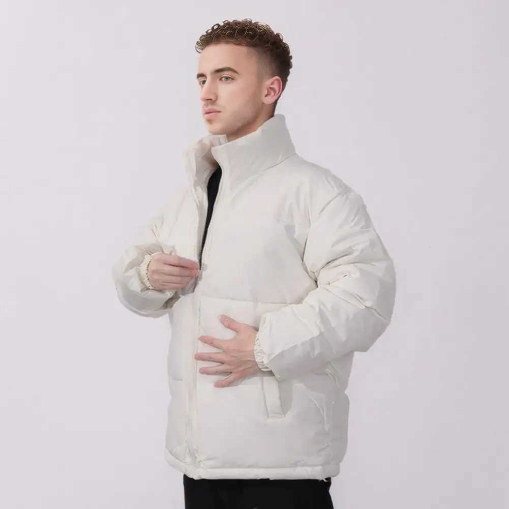 Solid Color Hooded Coat Mens Winter Cotton Down Coat with Stand Collar Pockets Thickened Warm Outerwear for Cold Weather MenT251107