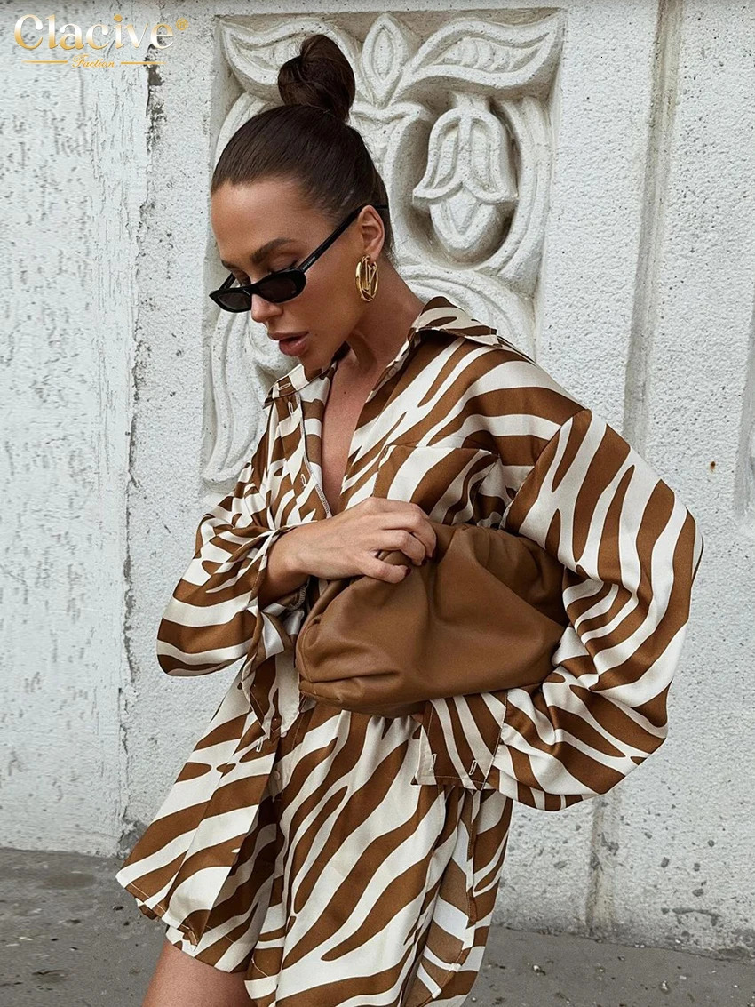 Clacive Fashion Loose Stripe Printed 2-piece Womens Dress Elegant Long Sleeve Shirt High Waist Shorts Set for Women 250402