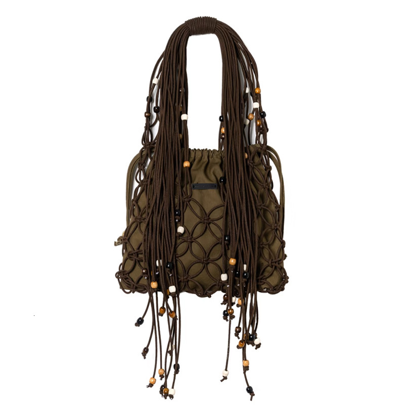 New Solid Color Hand-Held Crossbody Dual-Use Hollow Woven Forest Cotton Rope Mesh Bag, Vacation Beach Bag