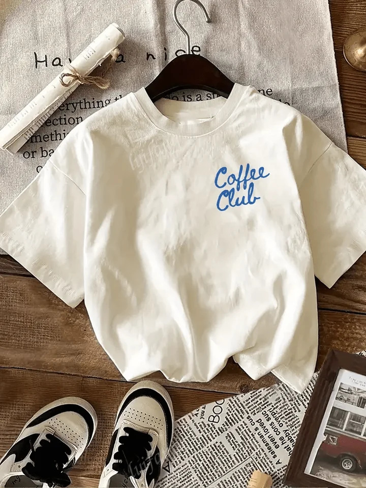 Coffee Club printed graphic Tshirt for womens casual round neck short sleeved top white simple and summer 250407wtt