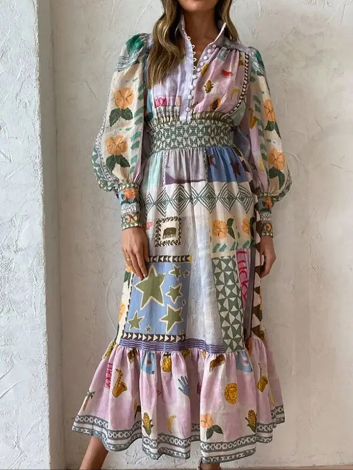 Spring and summer Bohemian style loose plaid sleeping casual waist pleated flame dress suitable for women elegant multi el 250407