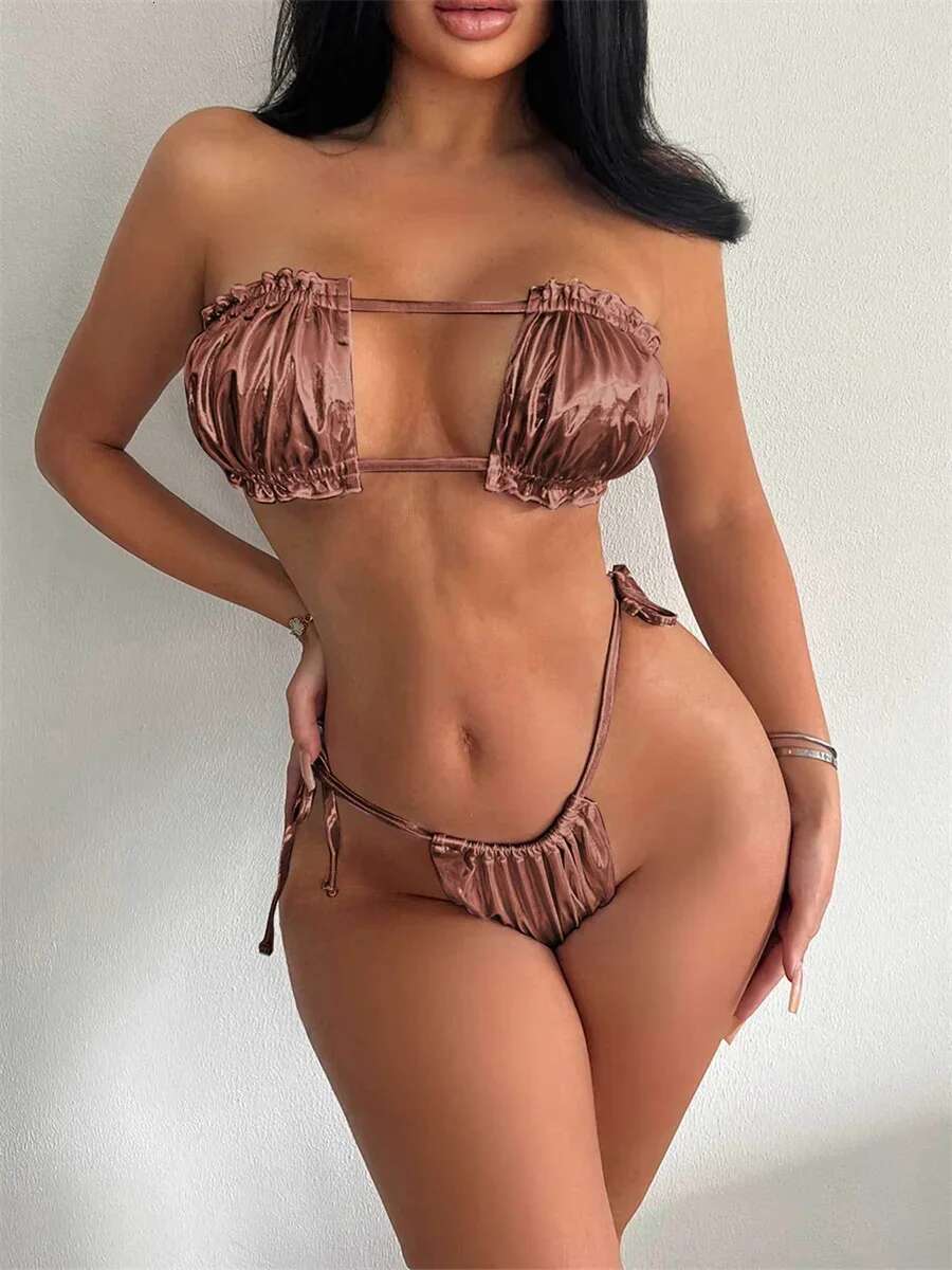 Dongdumaoyi Sexy Bandeau Bikini Women Silver Brozing Pleate Cut Out Push Up Micro Swimsuit Summer Bathing Suit Tie Side Thong Swimwear