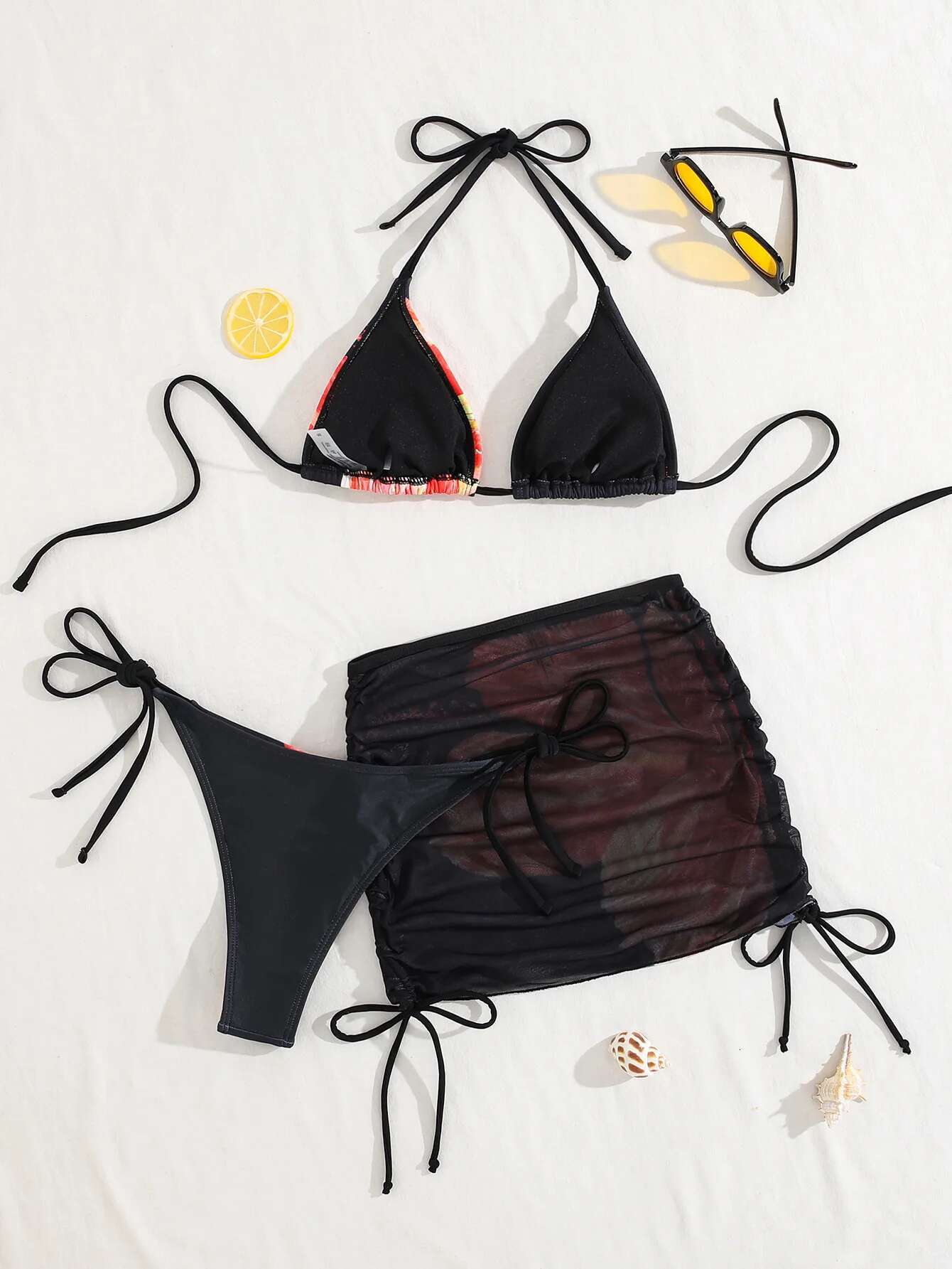 Dongdumaoyi Sexy Black Floral Print Bikini Set Women Drawstring Pleate Mesh Skirt Piece Swimsuit Summer Bathing Suit Holiday Swimwear