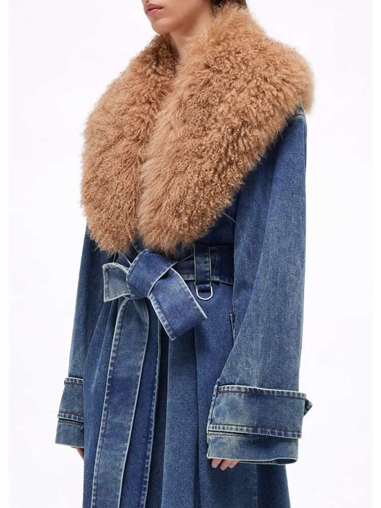 TWOTWINSTYLE Colorblock Patchwork Lace Up Denim Coat For Women Fur Collar Long Sleeve Loose Casual Trench Female Fashion Style