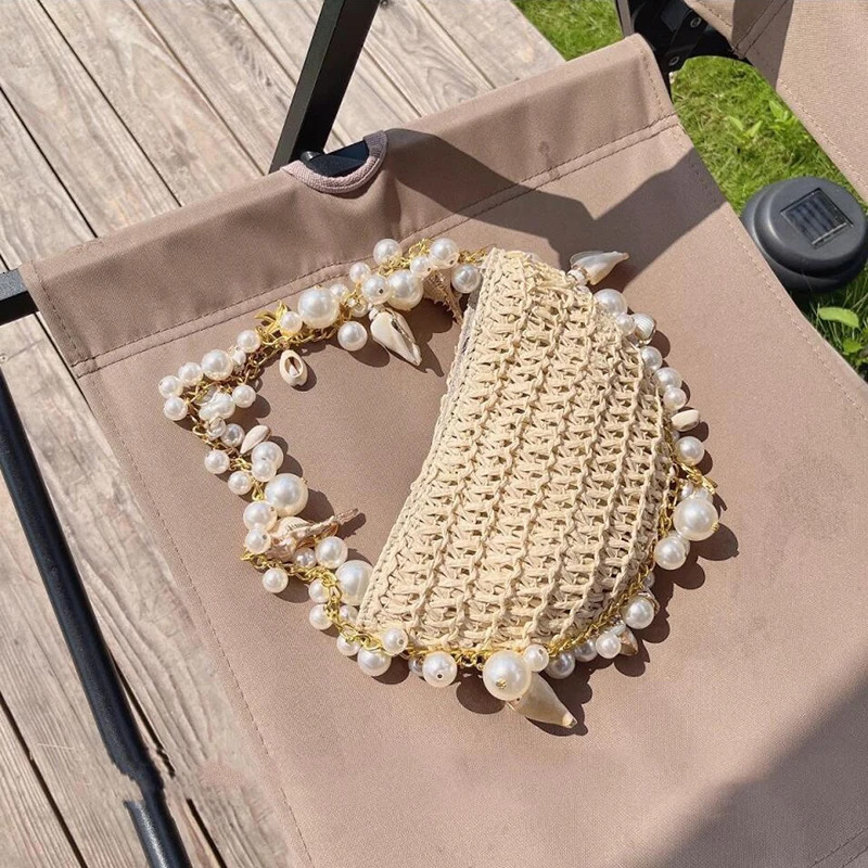 New Free Shipping Designer Bag Fashion Made Shell Lady Evening Bags Conch In Woven Chain Beaded Trim Shoulder Bag Handheld Beach Vacation Womenshandba