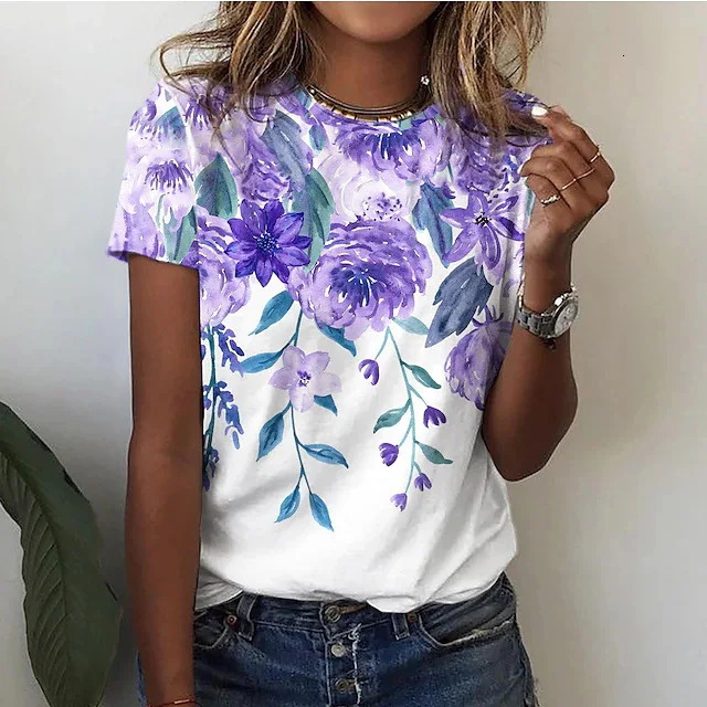 Womens Street Fashion Tshirt Flower 3D Printed Short Sleeve Daily Edition Casual Loose Round Neck Top Clothing 250407