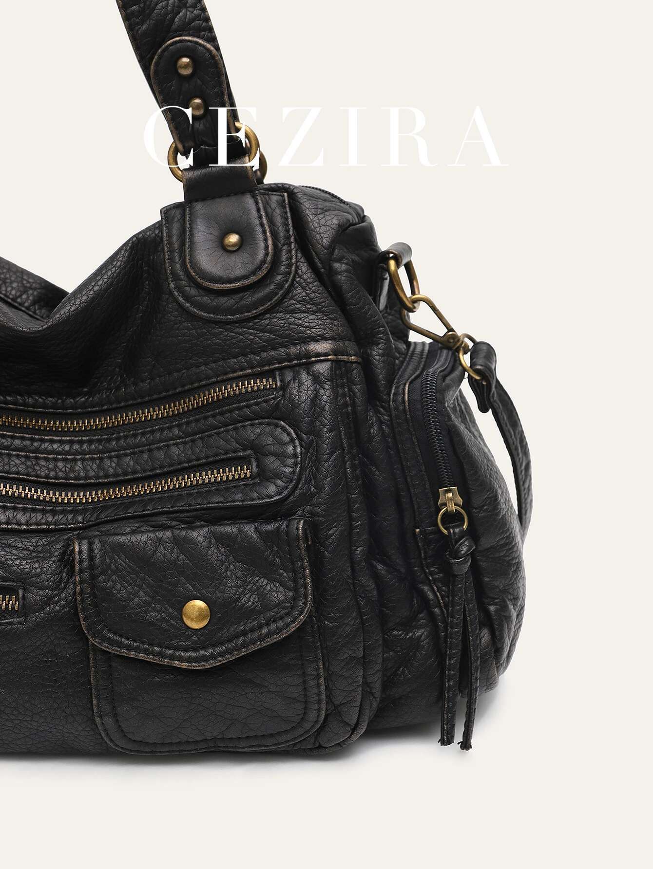 Vintage Women Unisex Brush-Off Color Washed PU Vegan Leather Zip Pockets Shoulder Cross Body Bag Large Retro Casual Daily Travel