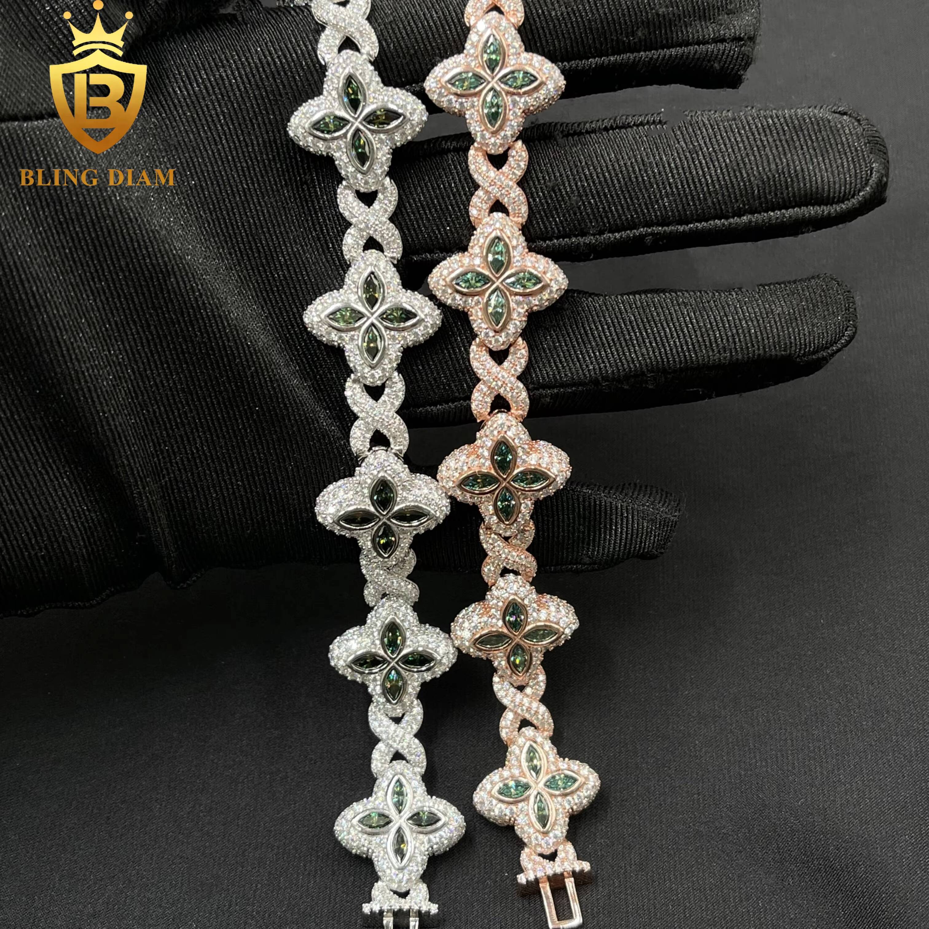 Hot Selling Design Hip Hop Jewelry Iced Out Marquise Cuban Link Chain VVS Moissanite Four-Leaf Clover 18mm Bracelet