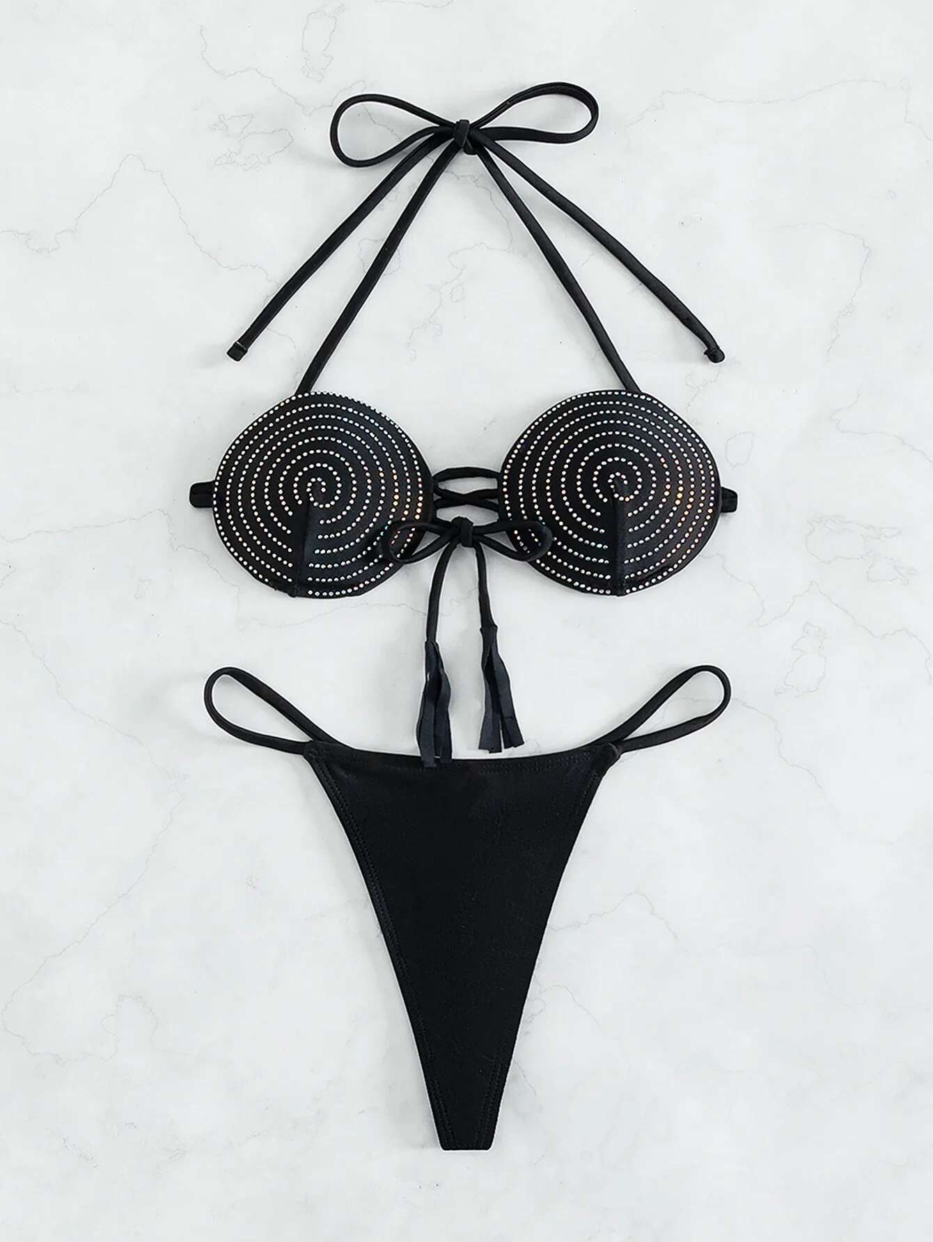 Dongdumaoyi Luxury Hot Drill Bikinis Sets Women Halter Black Rhinestone Lace Up Micro Swimsuit Brazilian Bathing Suit Triangle Swimwear