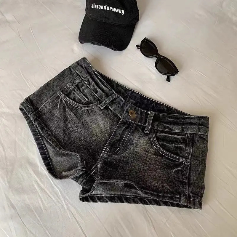 Vintage Denim Shorts Women Summer Black Grey Washed Low Waist Elastic Skinny Shorts Jeans 250407