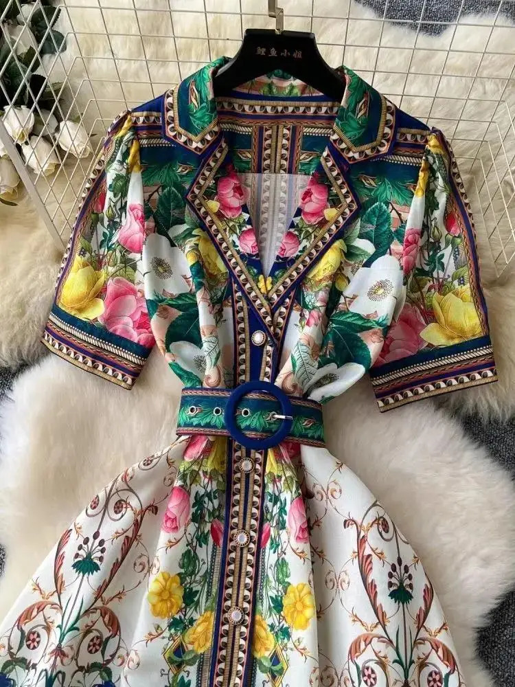 Summer Holiday Short Sleeve Notched Belt A-Line Dress Women Flower Boho Robe Beach Party Vestido Pearls Buttons Up Maxi Clothes 250407