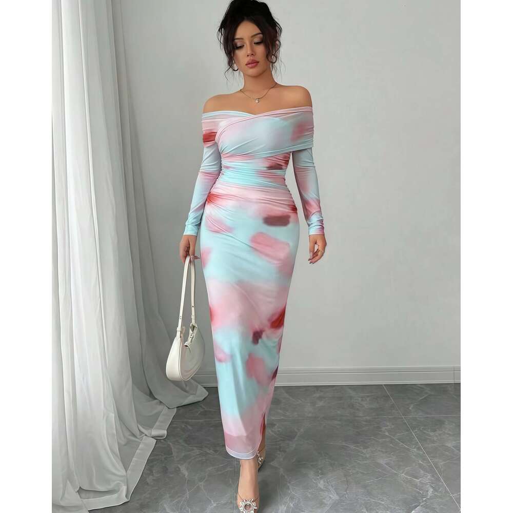2025 Early Autumn New Sleeve Printed Off-Shoulder Slim Fit Elegant Long Dress for Women