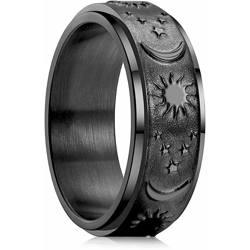 Top Source Star Moon Sun Titanium Steel Ring, Rotating Bohemian Style Stress Relieving Ring Jewelry