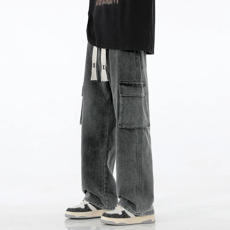 Autumn Mens Cargo Jeans Pocket US High Street Y2K Multi Pocket Youth Coat Fashion Street Clothing Retro Wide Leg Pants 250403