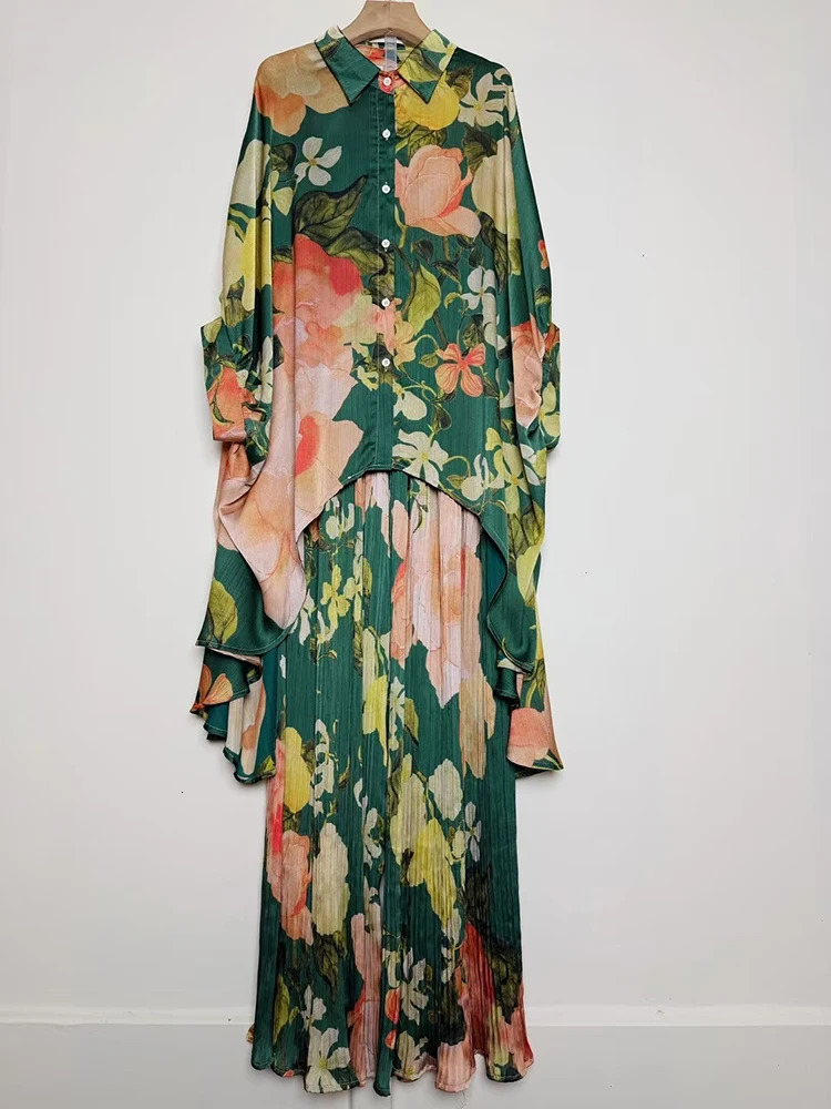 Summer Womens Retro Geometric Printed Loose Irregular Shirt Two Piece SetElastic Waist Drop Fold Wide Leg Mens Set 250407