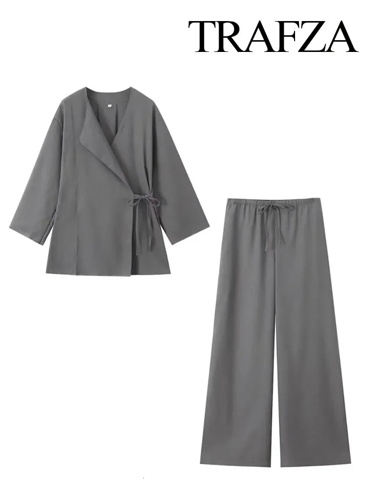 TRAFZA Spring Linen Womens Fashion Linen Brown Open Collar Kimono TopLace Casual Womens Wide Leg Pants 250401
